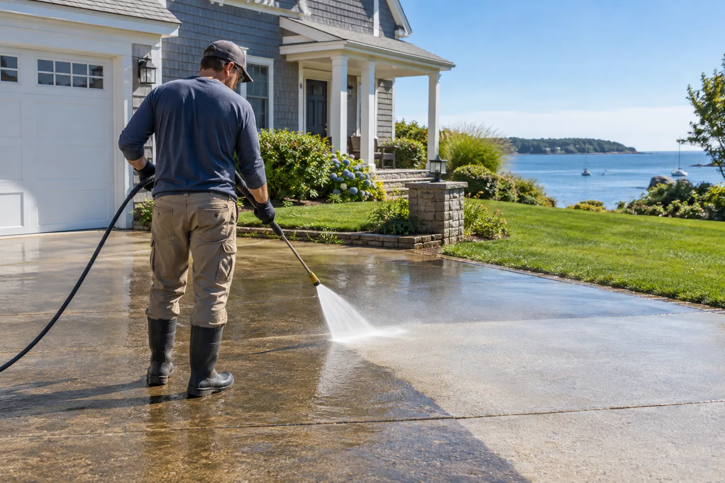 Illustrative exterior cleaning of a concrete driveway.