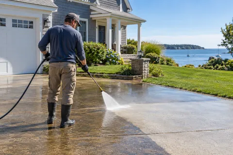 Illustrative exterior cleaning of a concrete driveway.